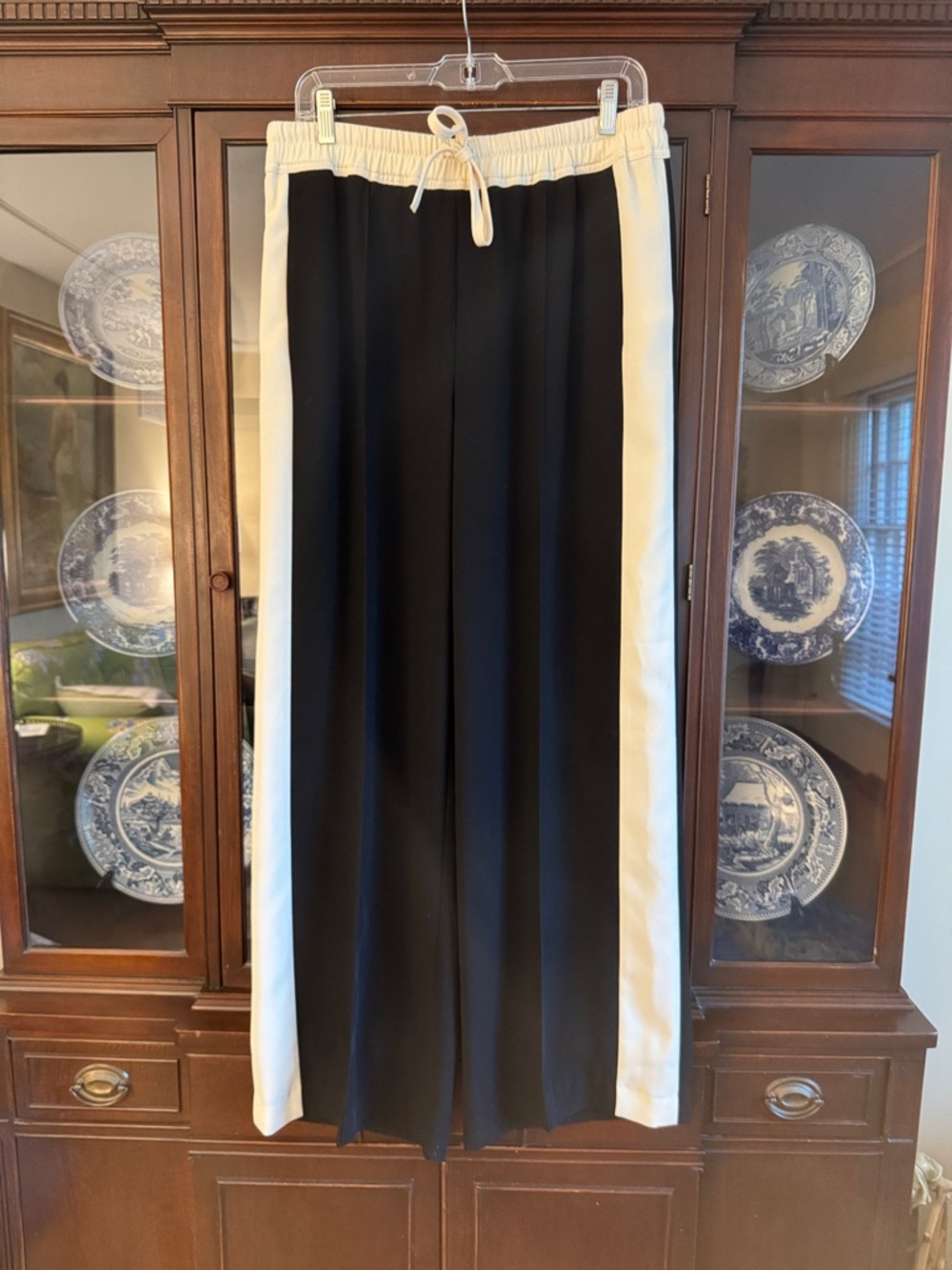 Reiss Black Wide-Leg Track Pants with Cream Side Stripes